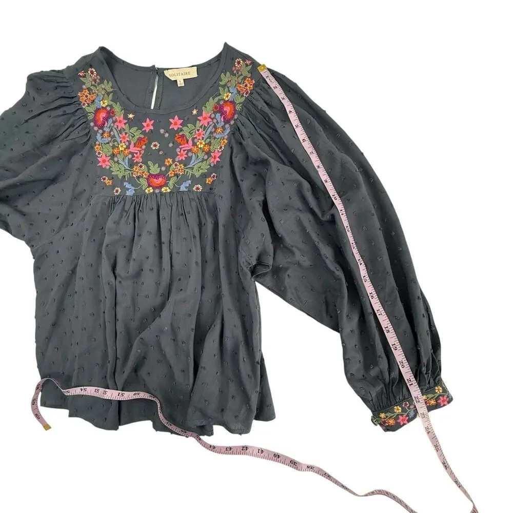 NEW Solitaire Clip Dot Embroidered Top Small Steel Blue Balloon Sleeve NWOT